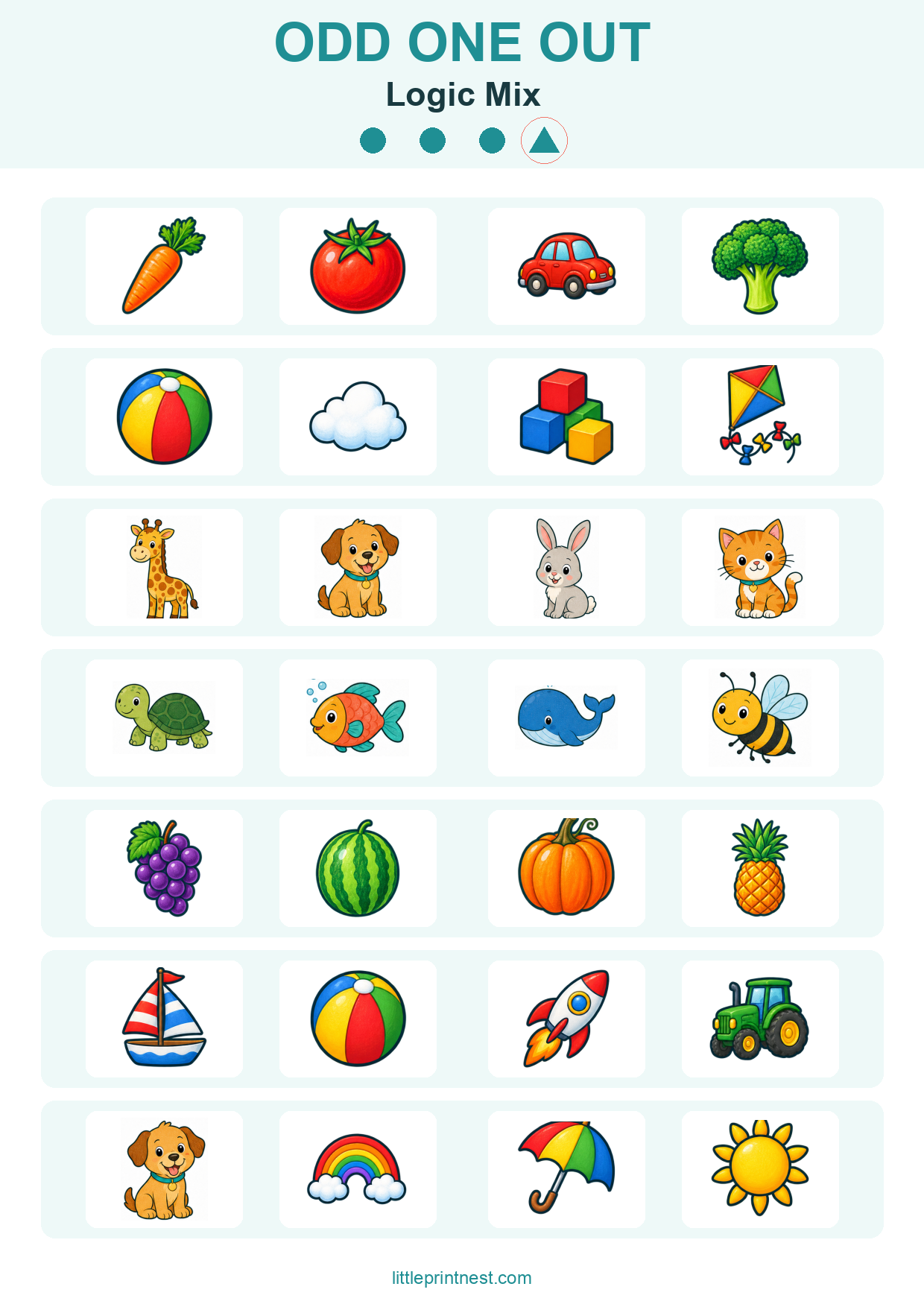 Colorful word-free Logic Mix odd one out picture worksheet