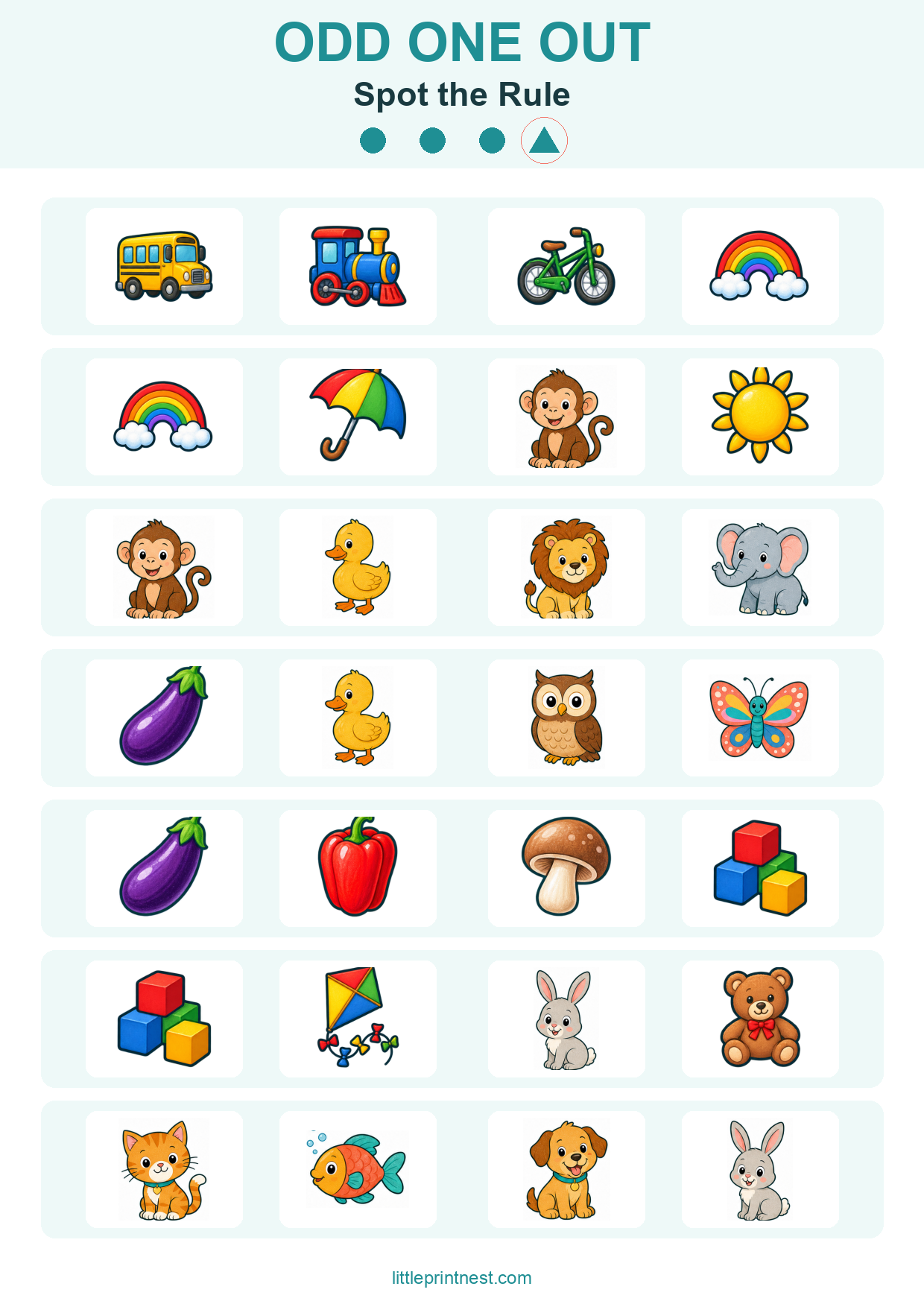 Colorful word-free Spot the Rule odd one out picture worksheet