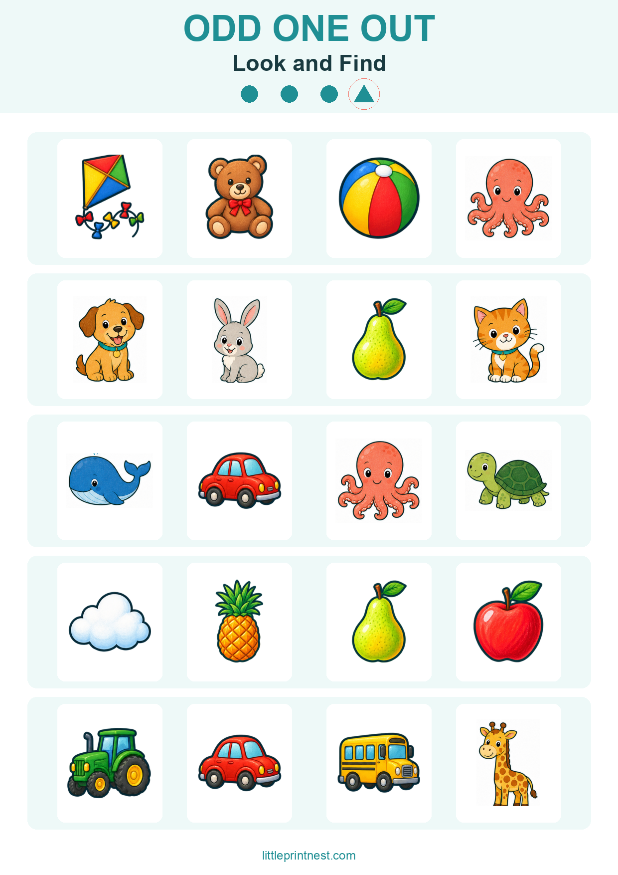 Colorful word-free Look and Find odd one out picture worksheet