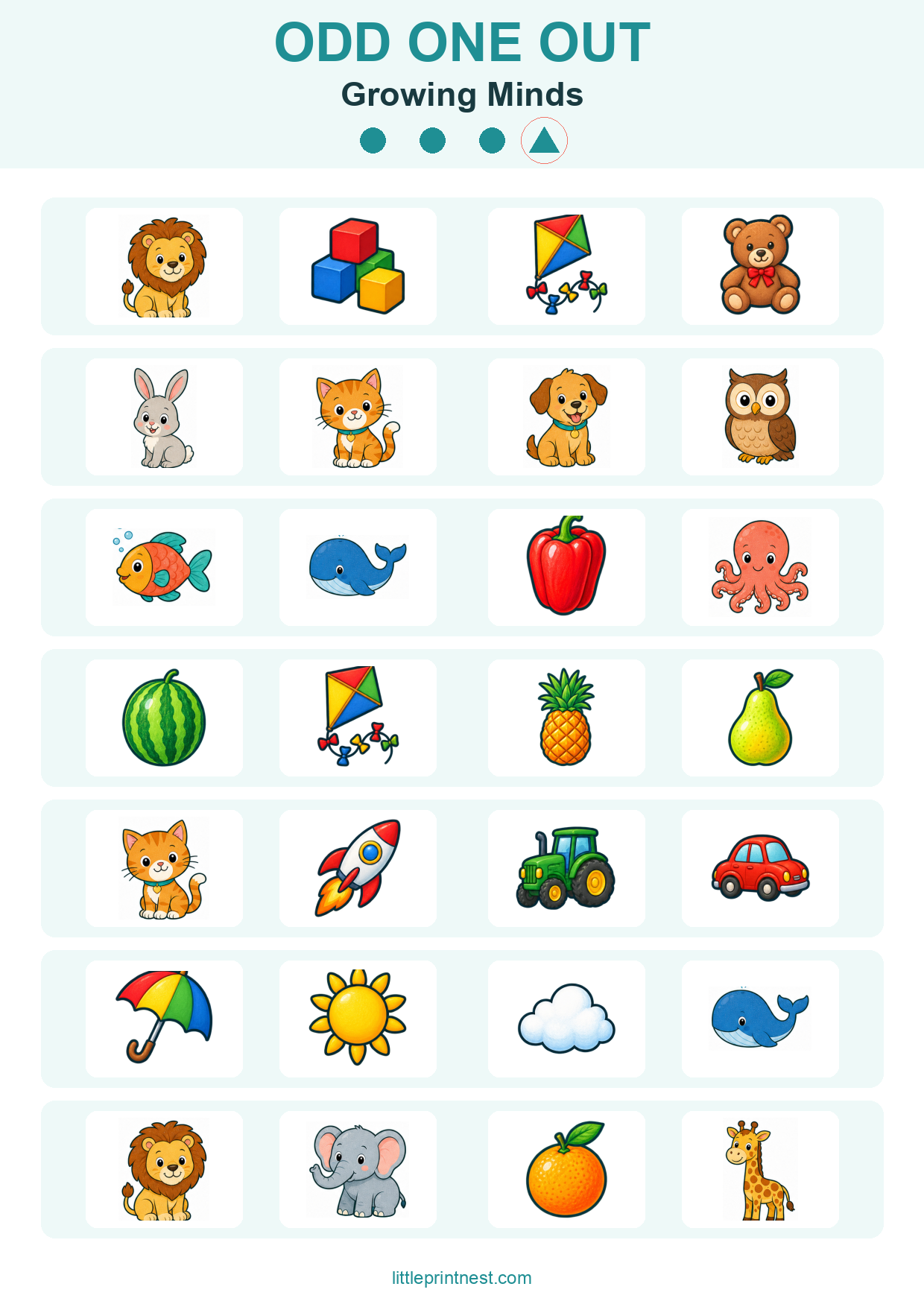 Colorful word-free Growing Minds odd one out picture worksheet