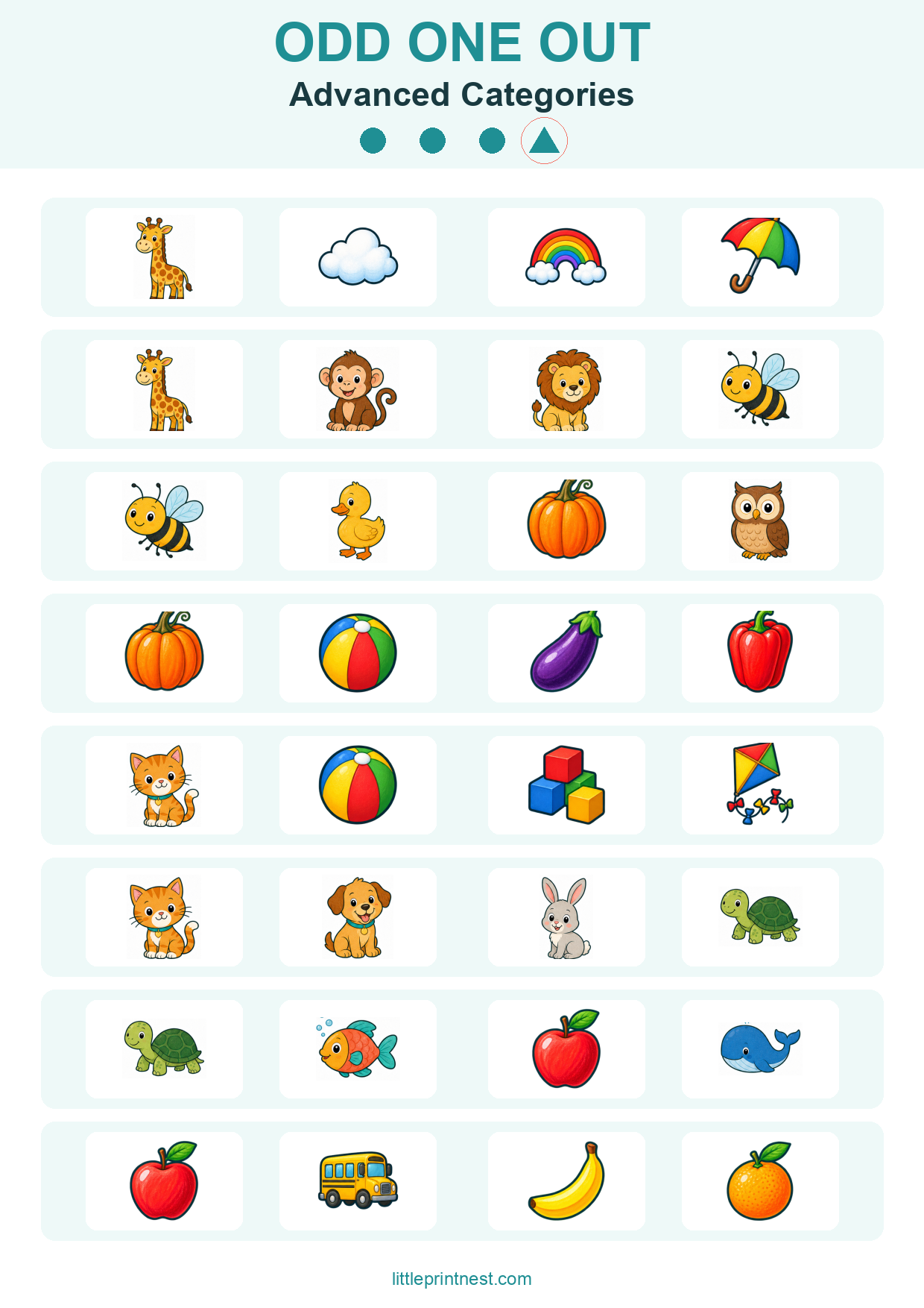 Colorful word-free Advanced Categories odd one out picture worksheet