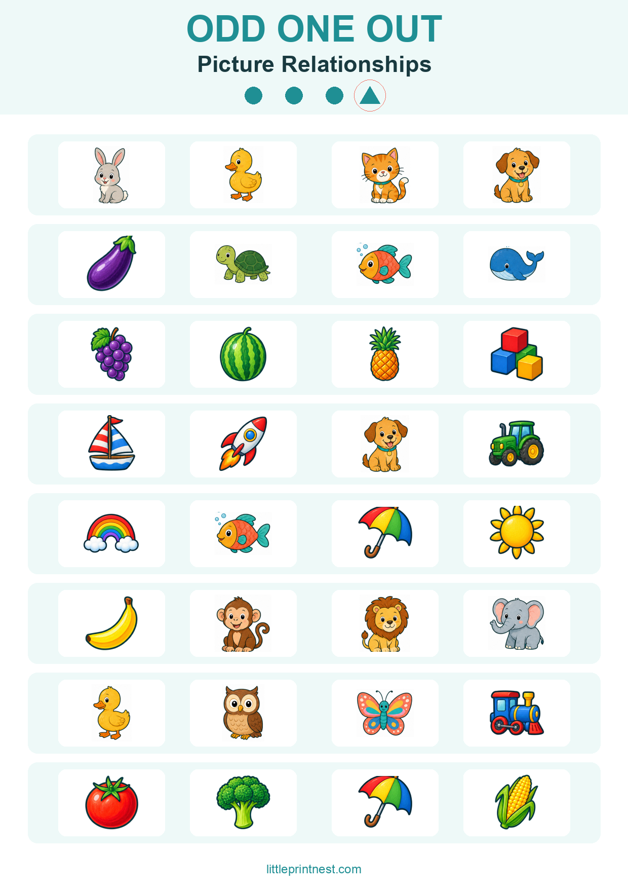 Colorful word-free Picture Relationships odd one out picture worksheet