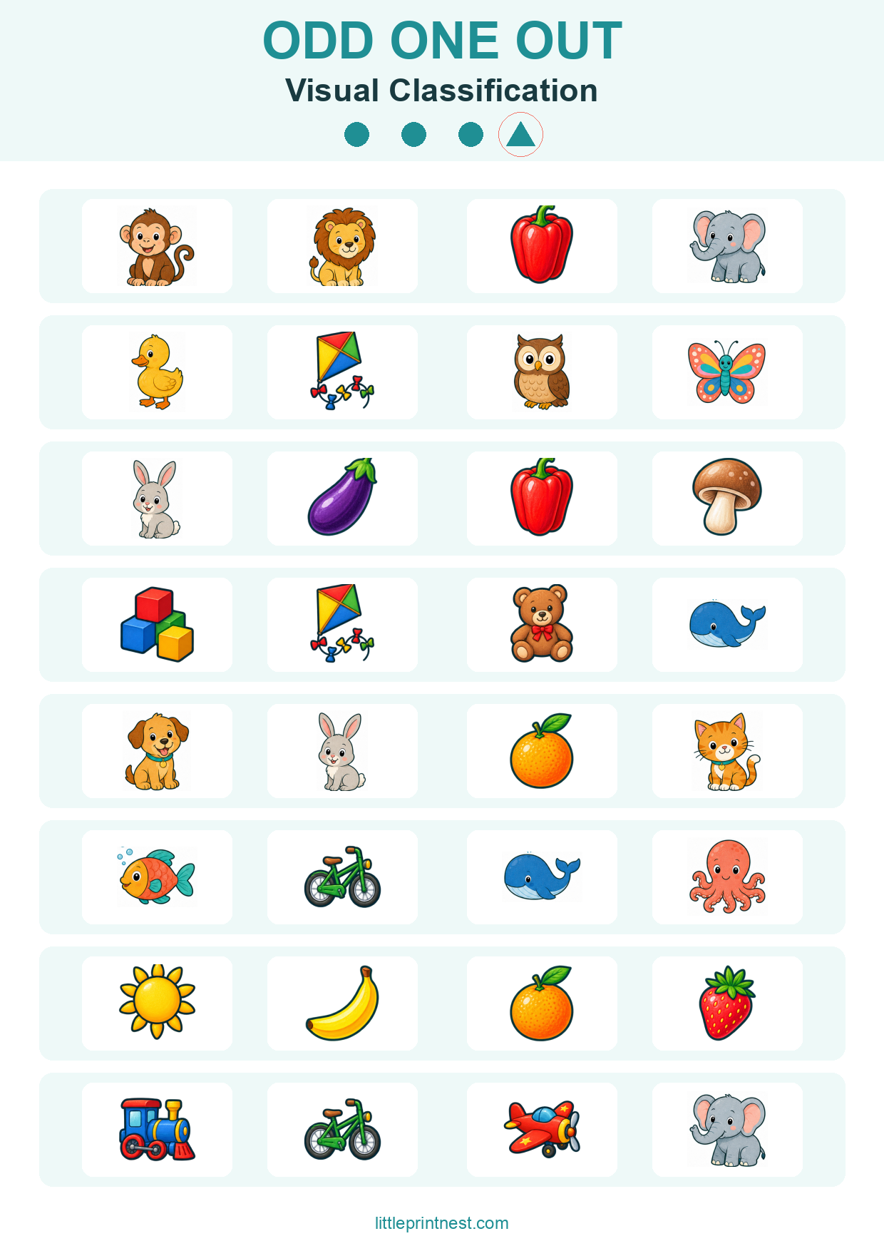Colorful word-free Visual Classification odd one out picture worksheet