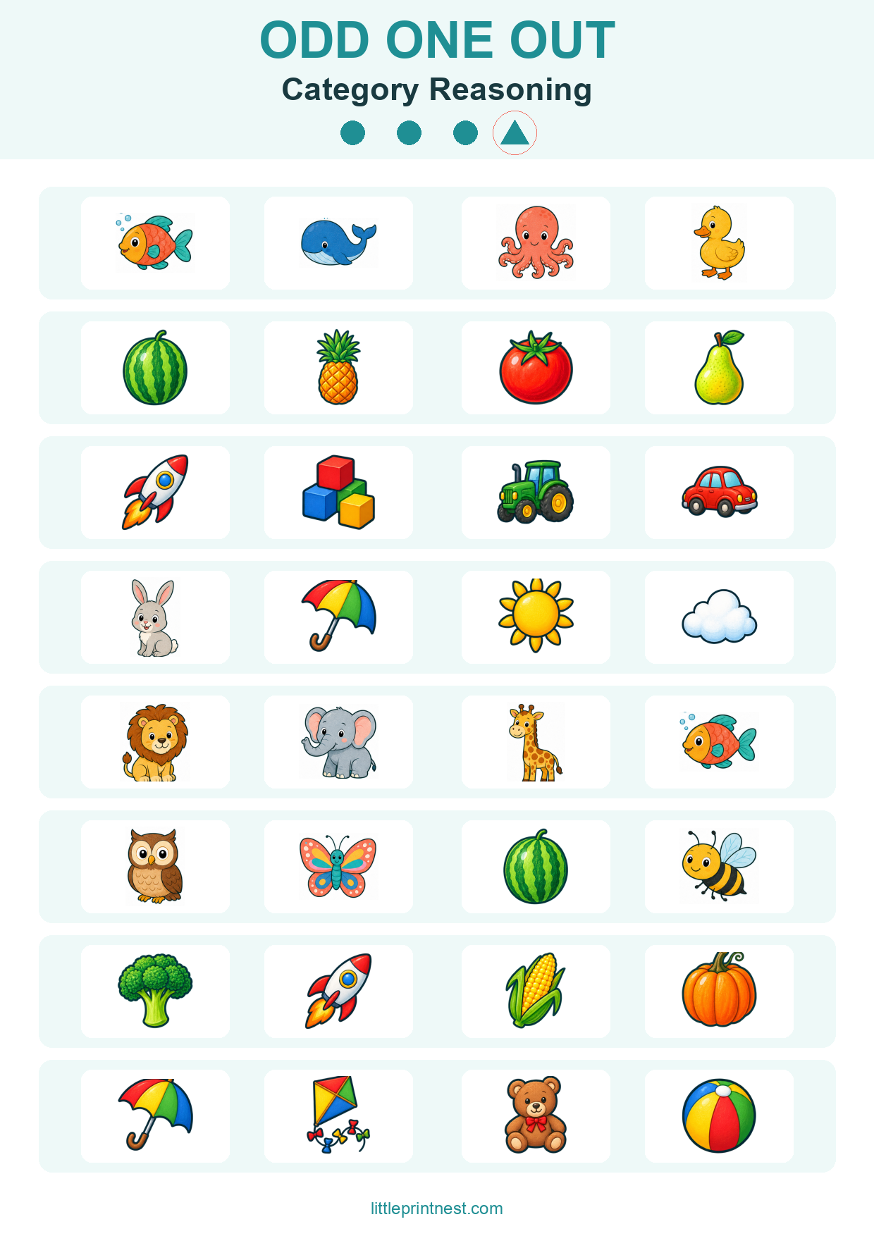 Colorful word-free Category Reasoning odd one out picture worksheet