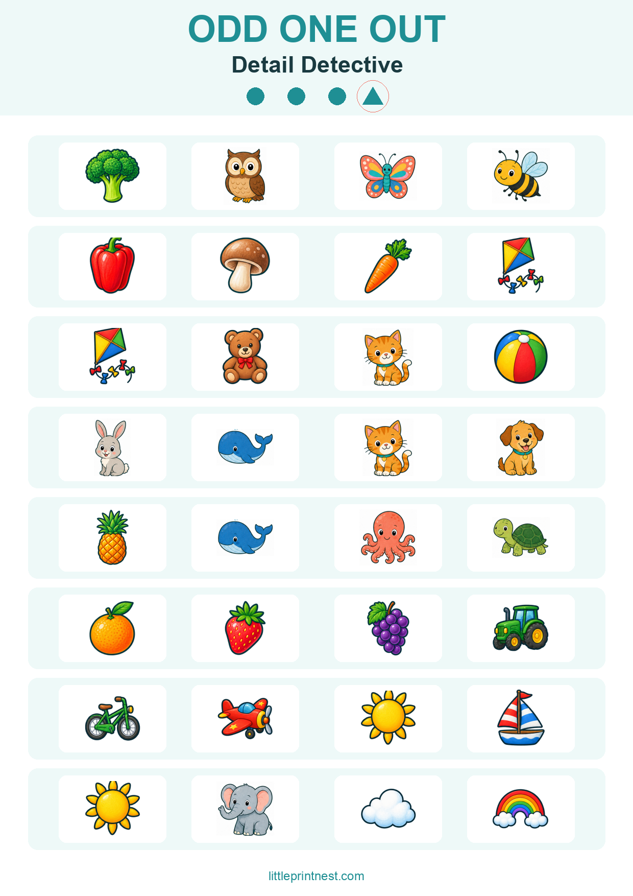 Colorful word-free Detail Detective odd one out picture worksheet