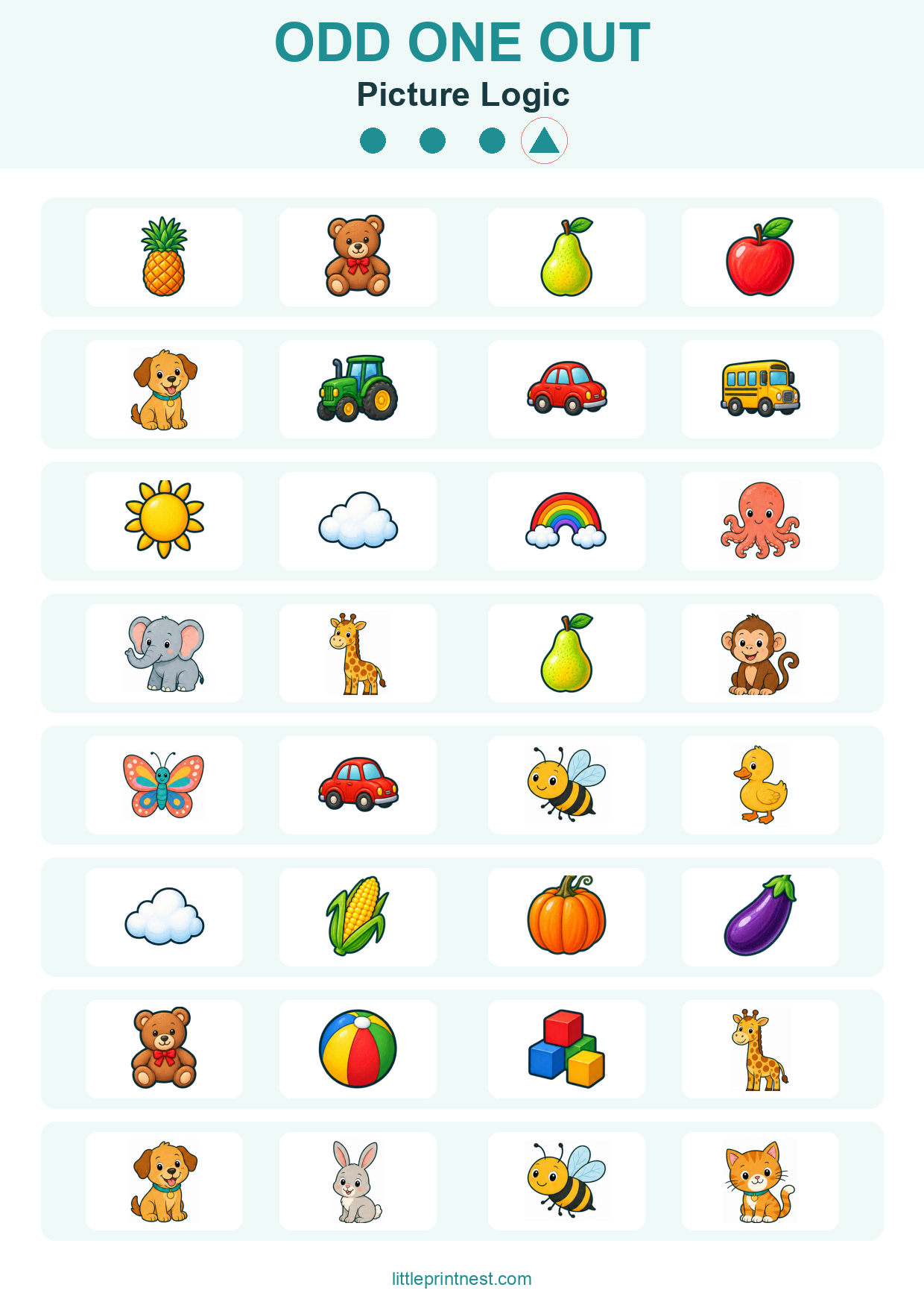 Colorful word-free Picture Logic odd one out picture worksheet