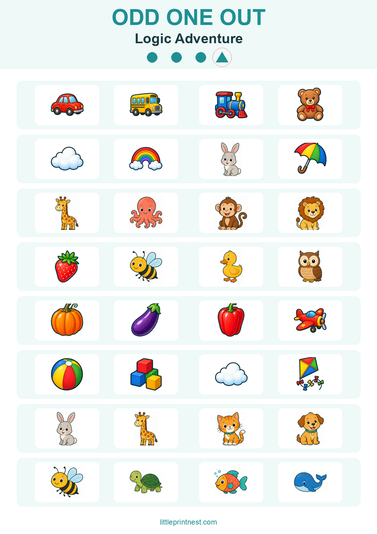 Colorful word-free Logic Adventure odd one out picture worksheet