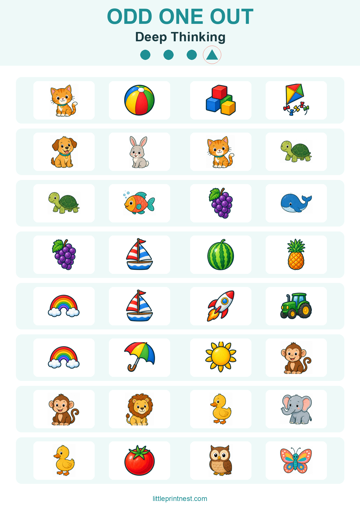 Colorful word-free Deep Thinking odd one out picture worksheet