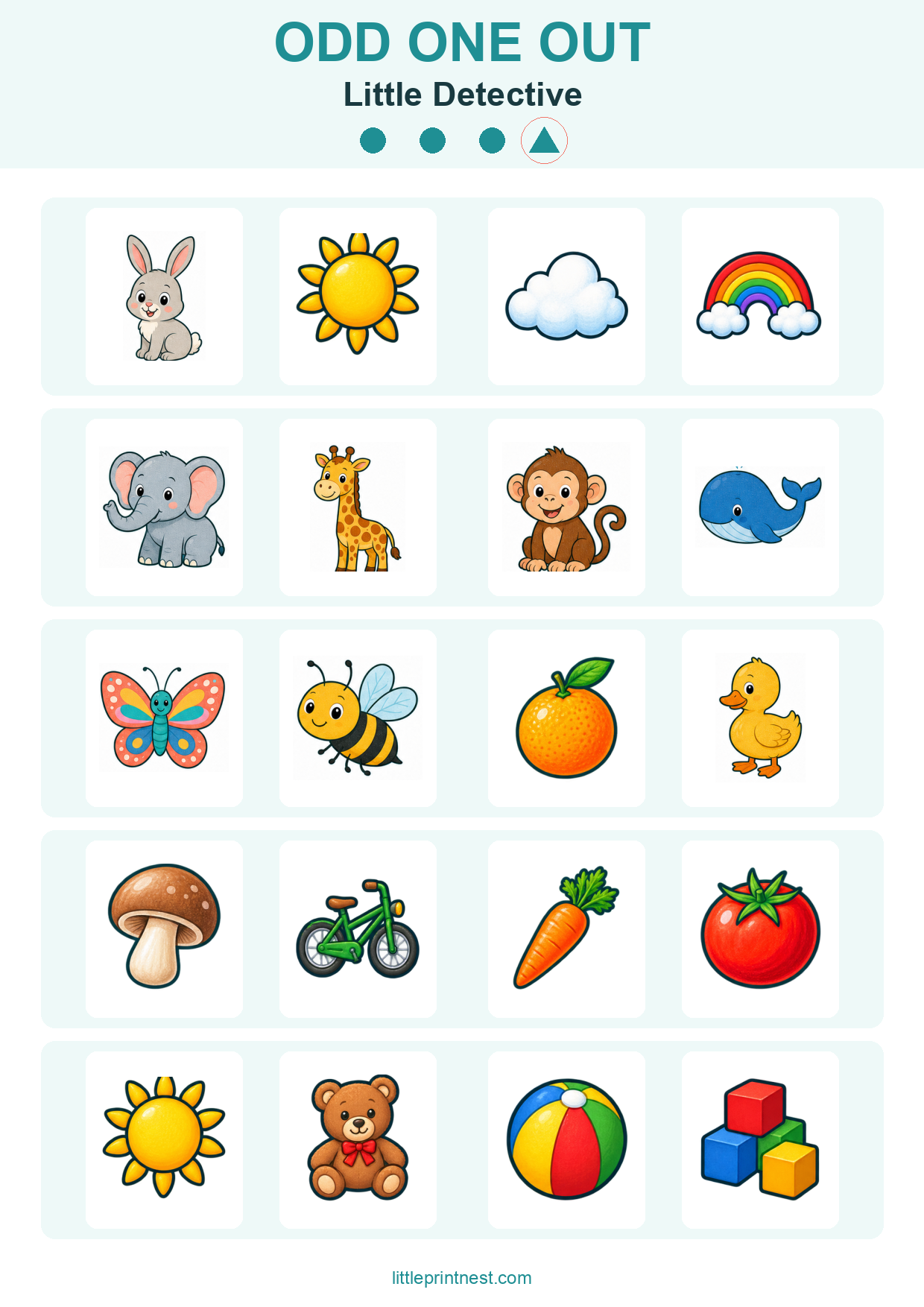 Colorful word-free Little Detective odd one out picture worksheet
