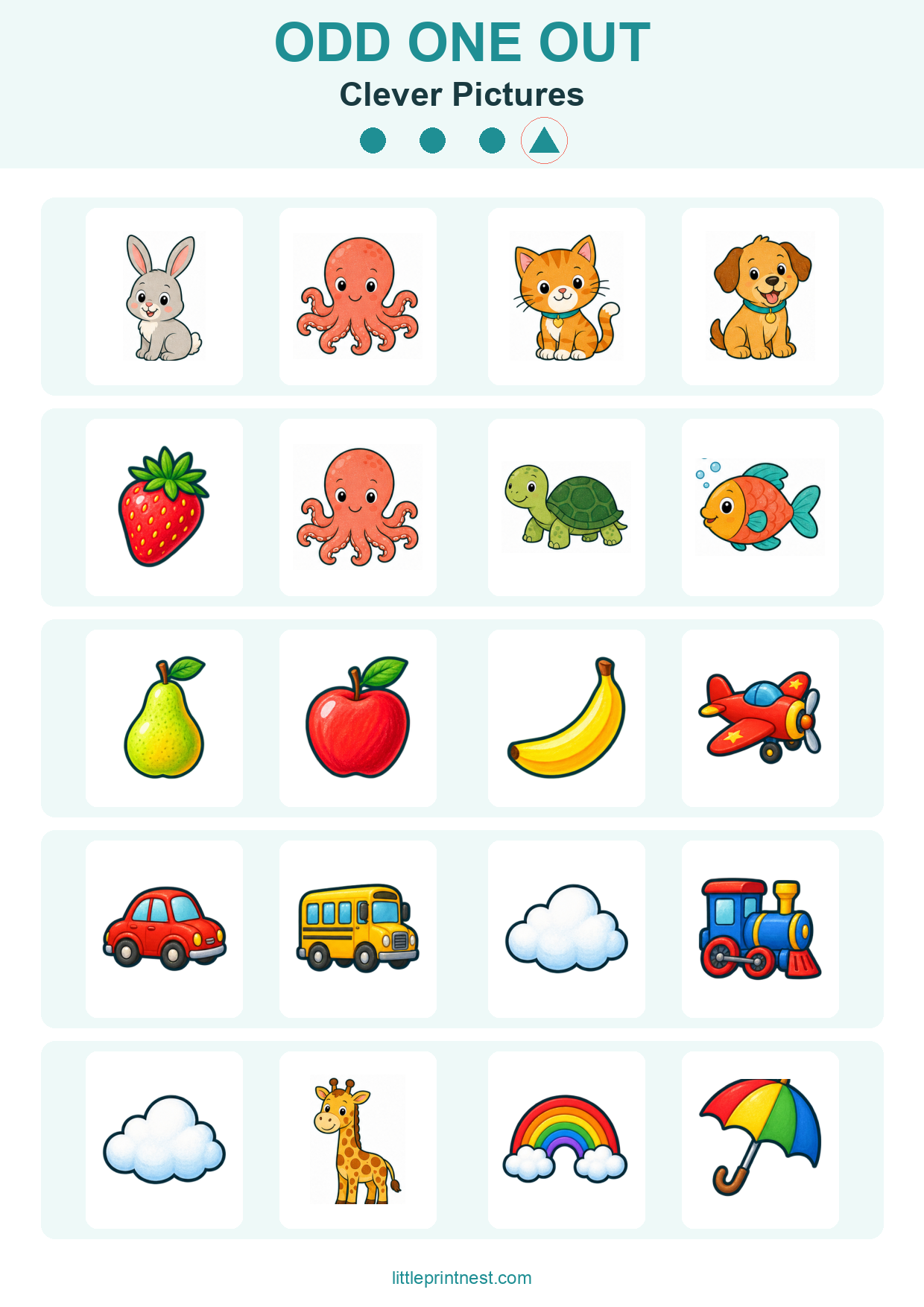 Colorful word-free Clever Pictures odd one out picture worksheet