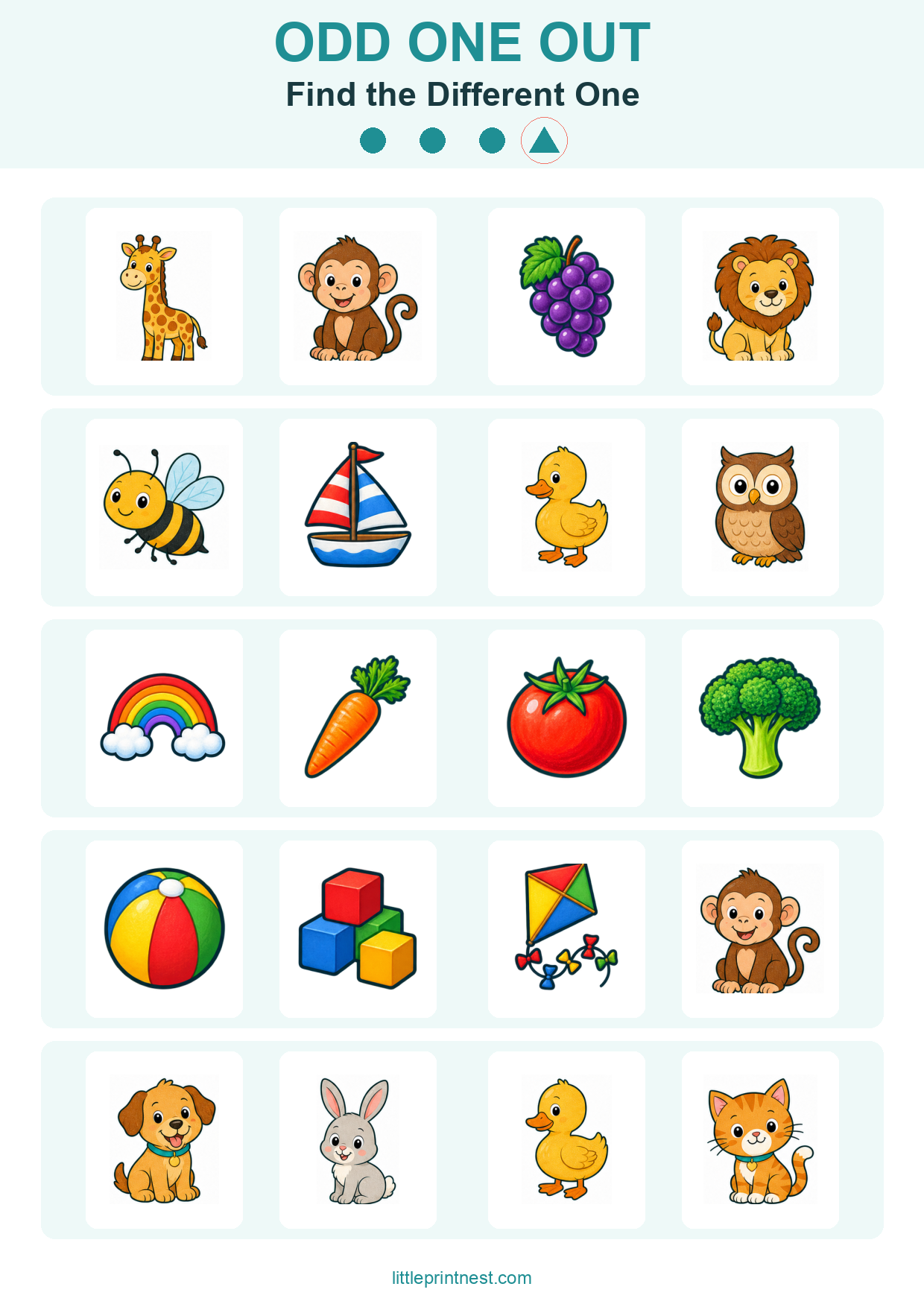 Colorful word-free Find the Different One odd one out picture worksheet