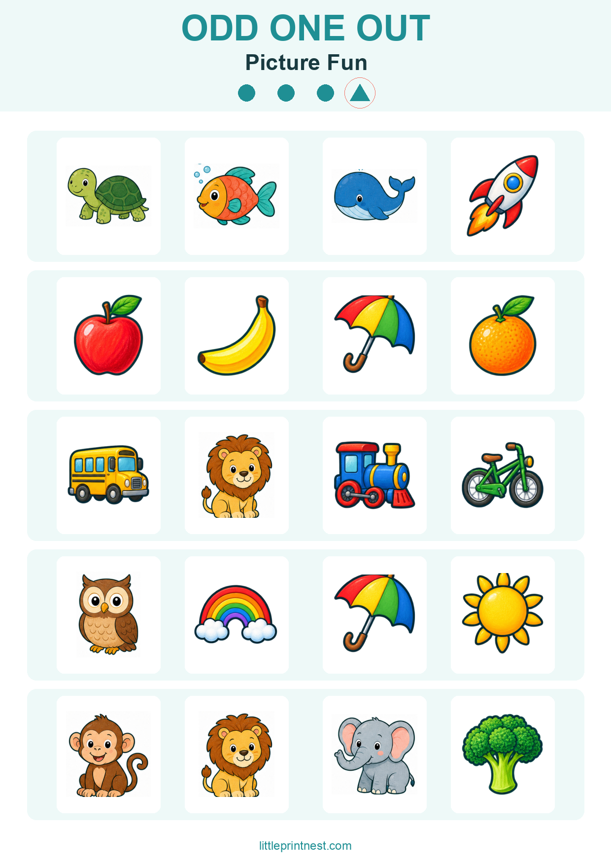 Colorful word-free Picture Fun odd one out picture worksheet