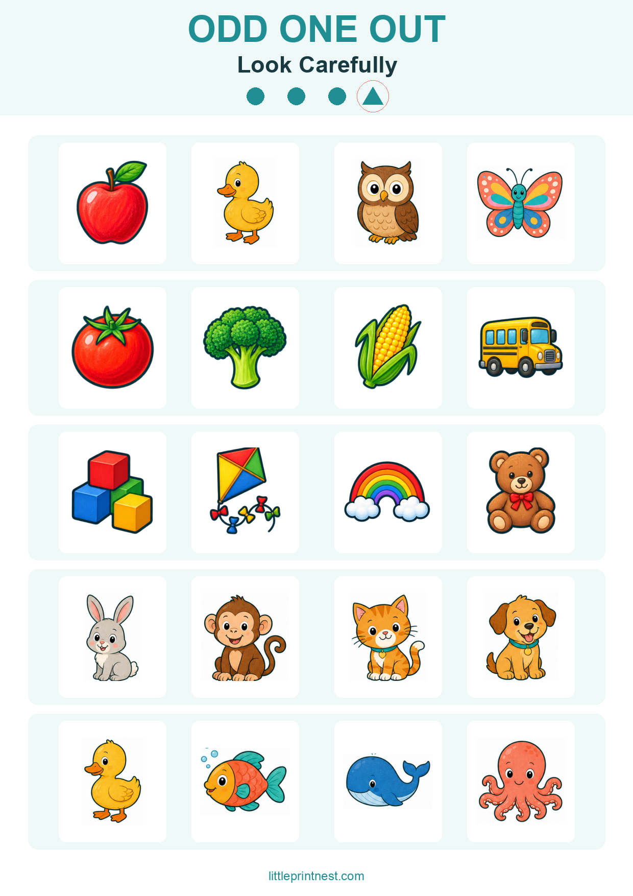 Colorful word-free Look Carefully odd one out picture worksheet