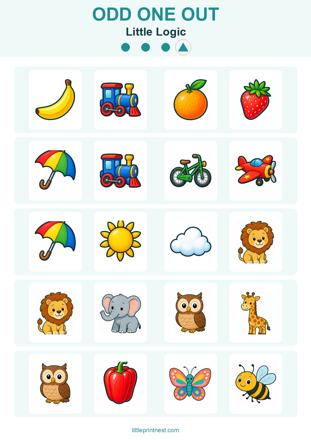 Colorful word-free Little Logic odd one out picture worksheet