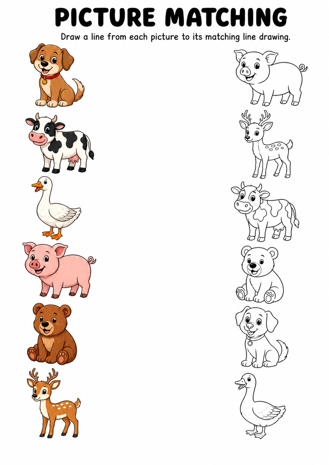 Animal picture to line drawing matching worksheet with six animals