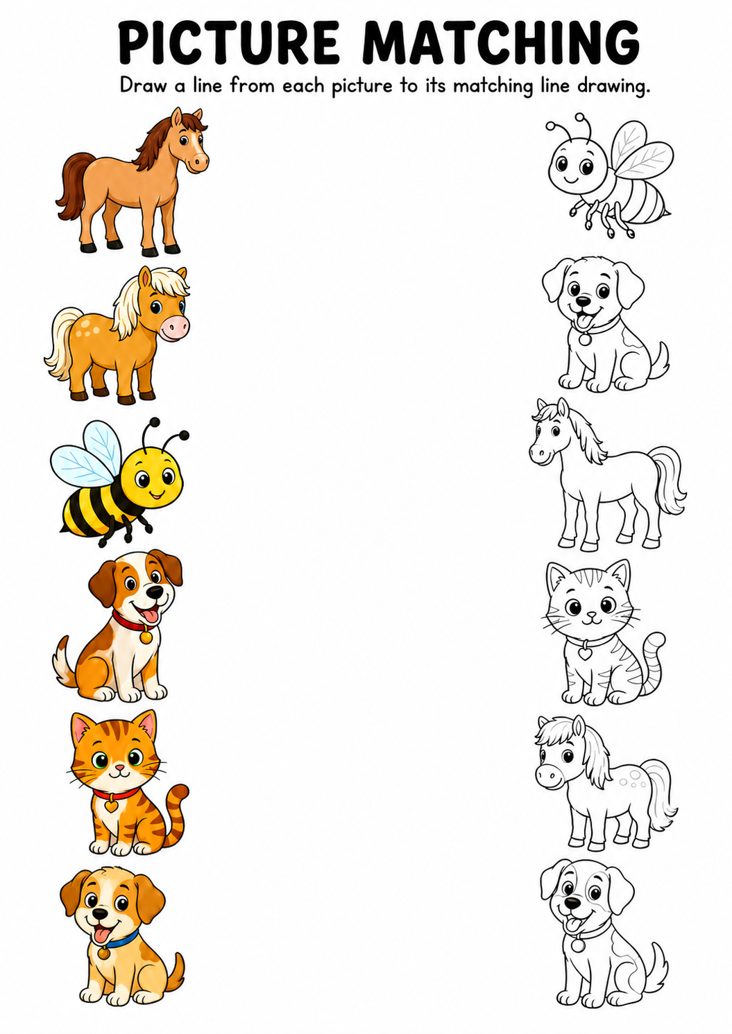 Animal picture to line drawing matching worksheet with six animals
