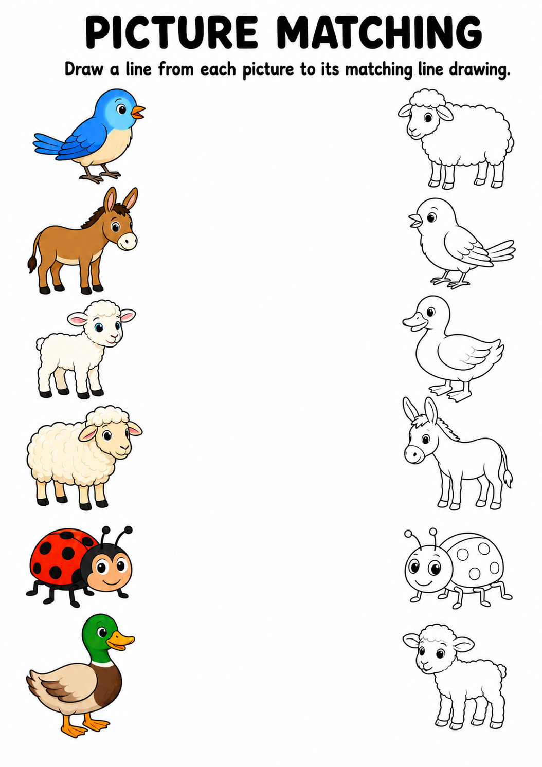 Animal picture to line drawing matching worksheet with six animals
