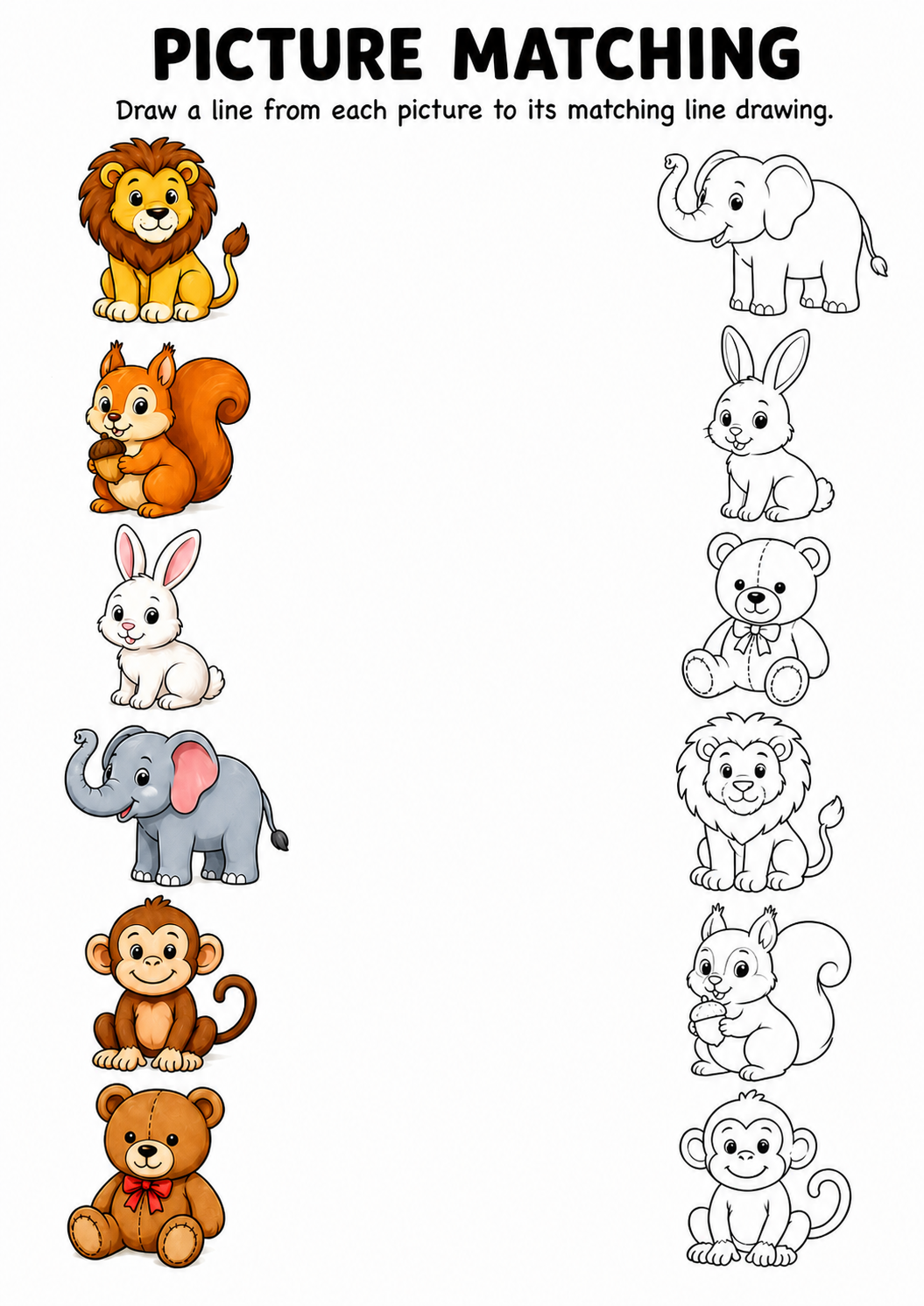 Animal picture to line drawing matching worksheet with six animals