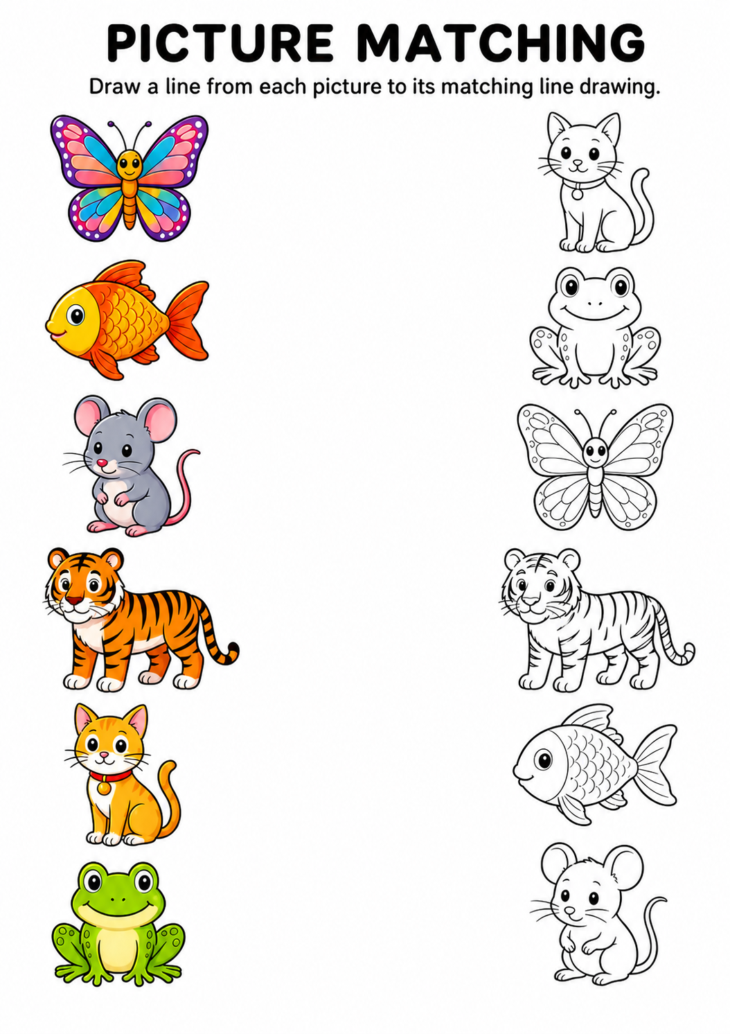Animal picture to line drawing matching worksheet with six animals
