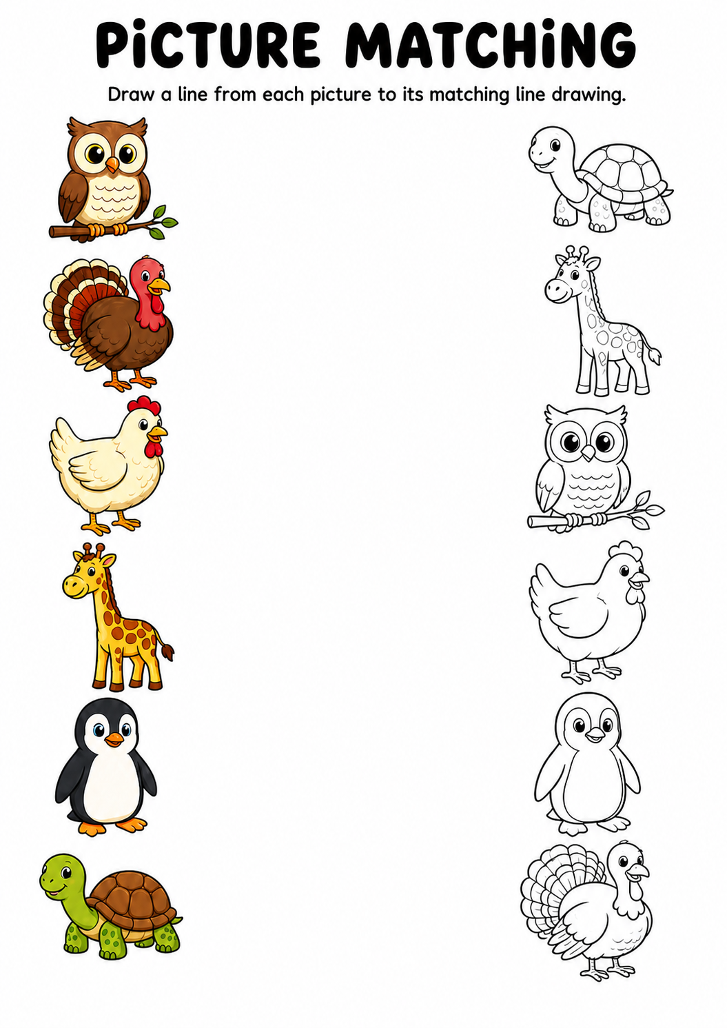 Animal picture to line drawing matching worksheet with six animals
