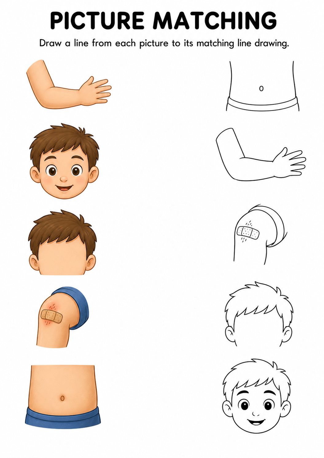 Body parts picture to line drawing worksheet with five items