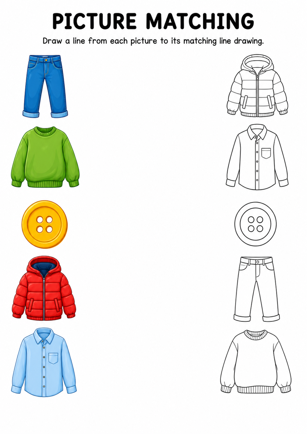 Clothing picture to line drawing worksheet