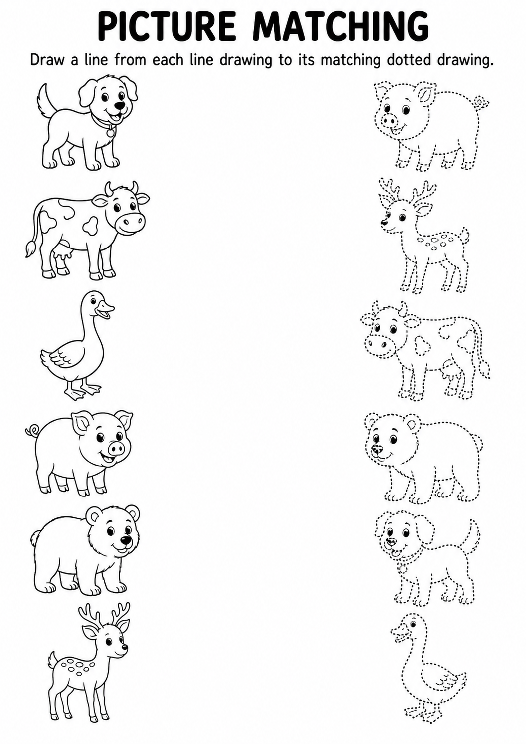 Animal line drawing to dotted drawing matching worksheet