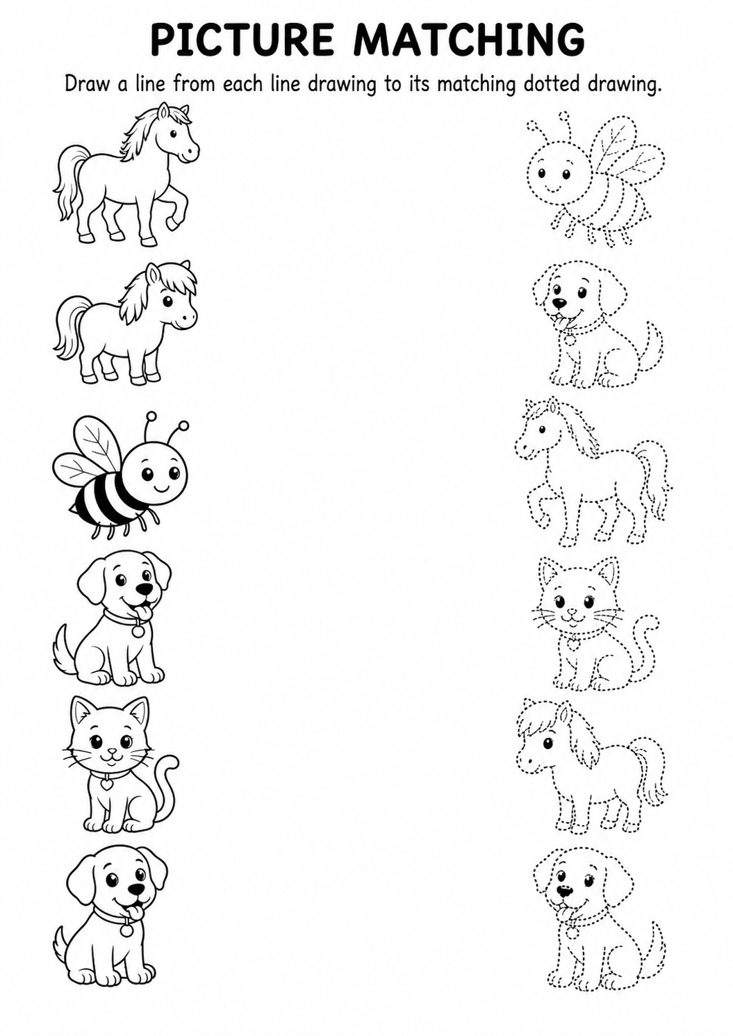 Animal line drawing to dotted drawing matching worksheet