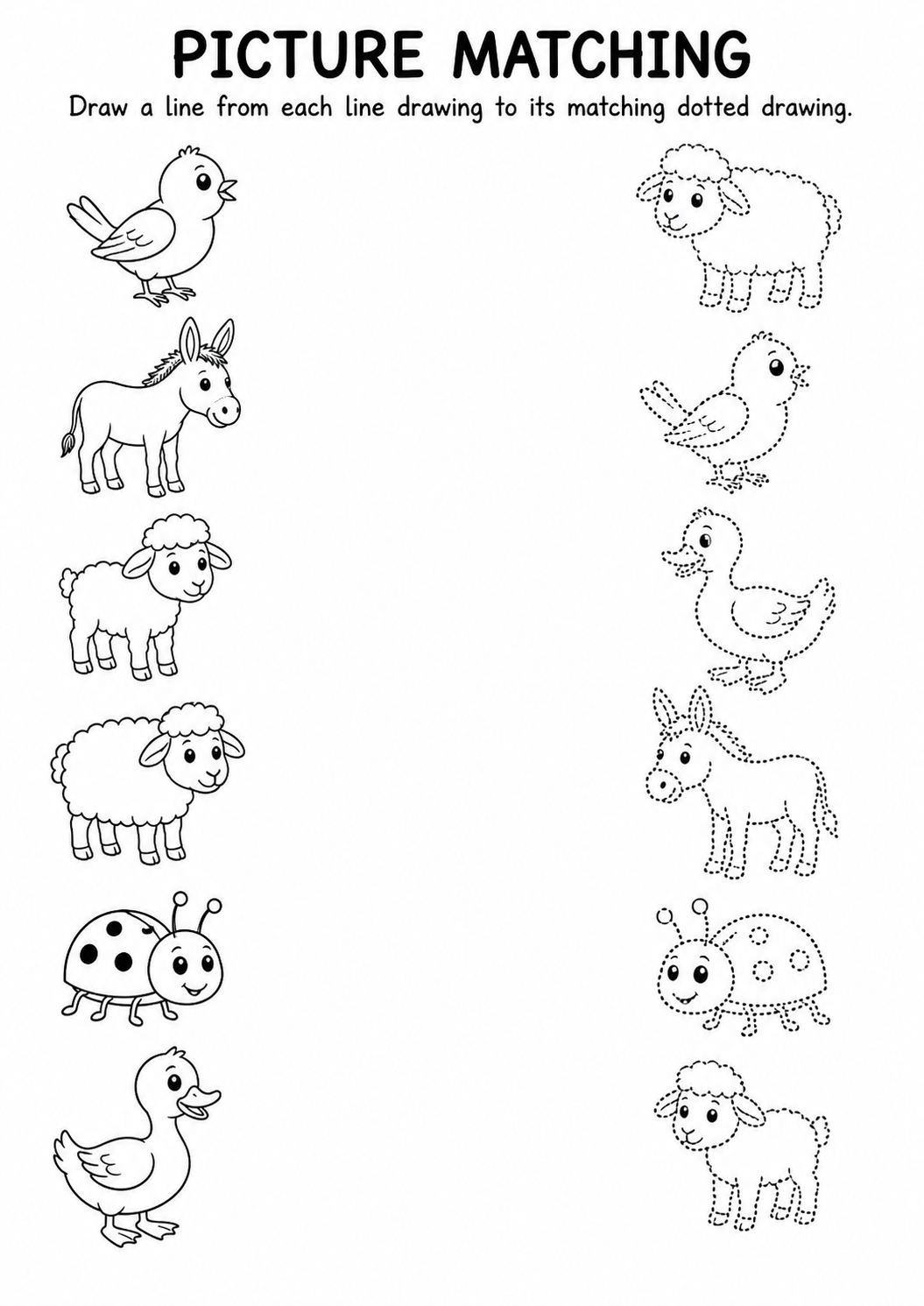 Animal line drawing to dotted drawing matching worksheet
