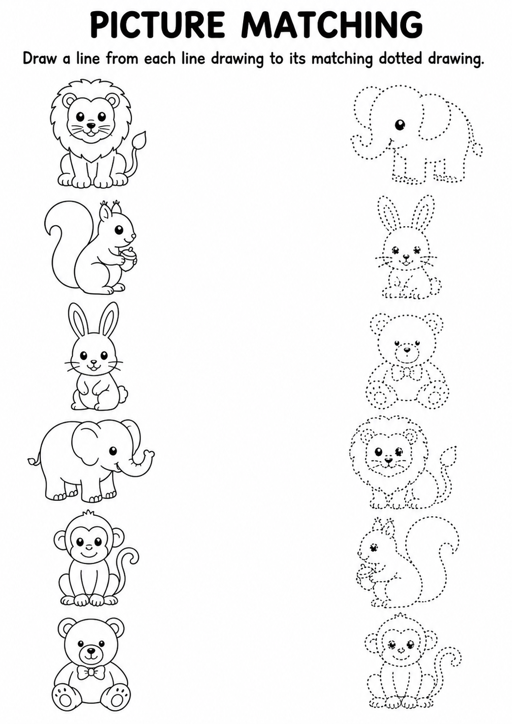 Animal line drawing to dotted drawing matching worksheet