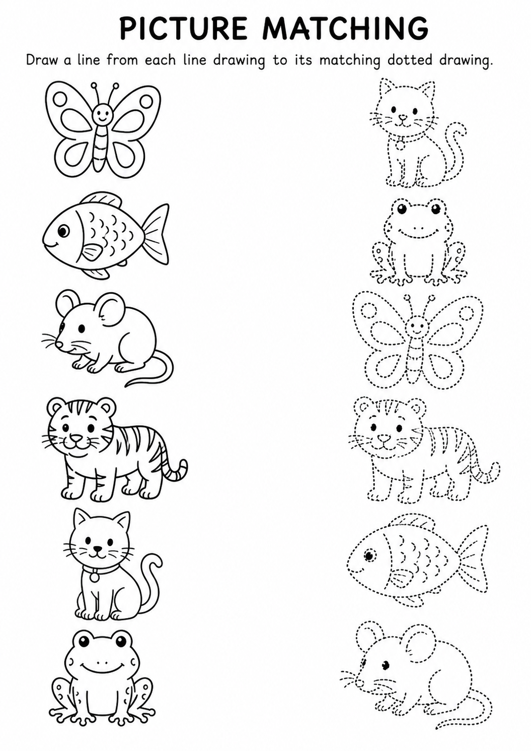 Animal line drawing to dotted drawing matching worksheet