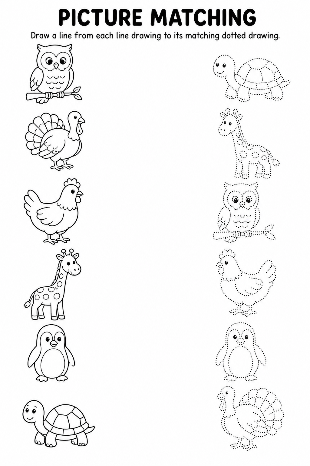 Animal line drawing to dotted drawing matching worksheet