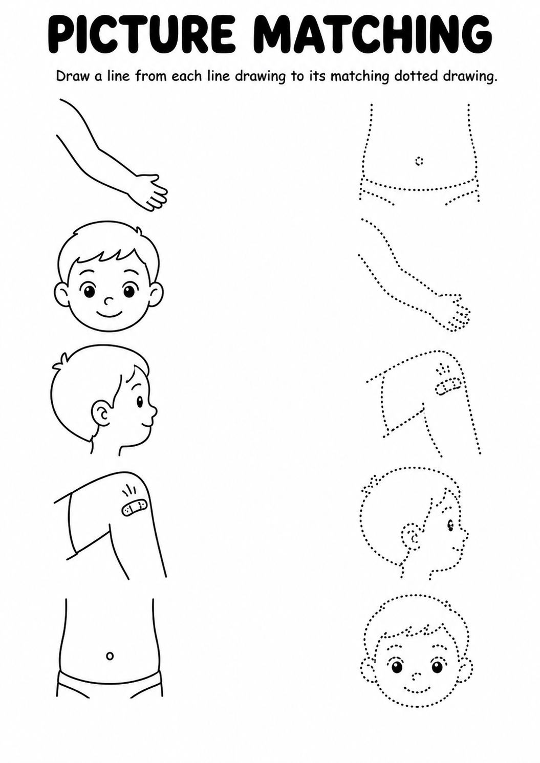 Body parts line drawing to dotted drawing worksheet