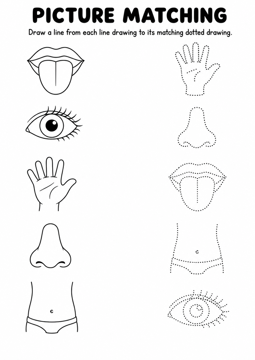 Body parts line drawing to dotted drawing worksheet