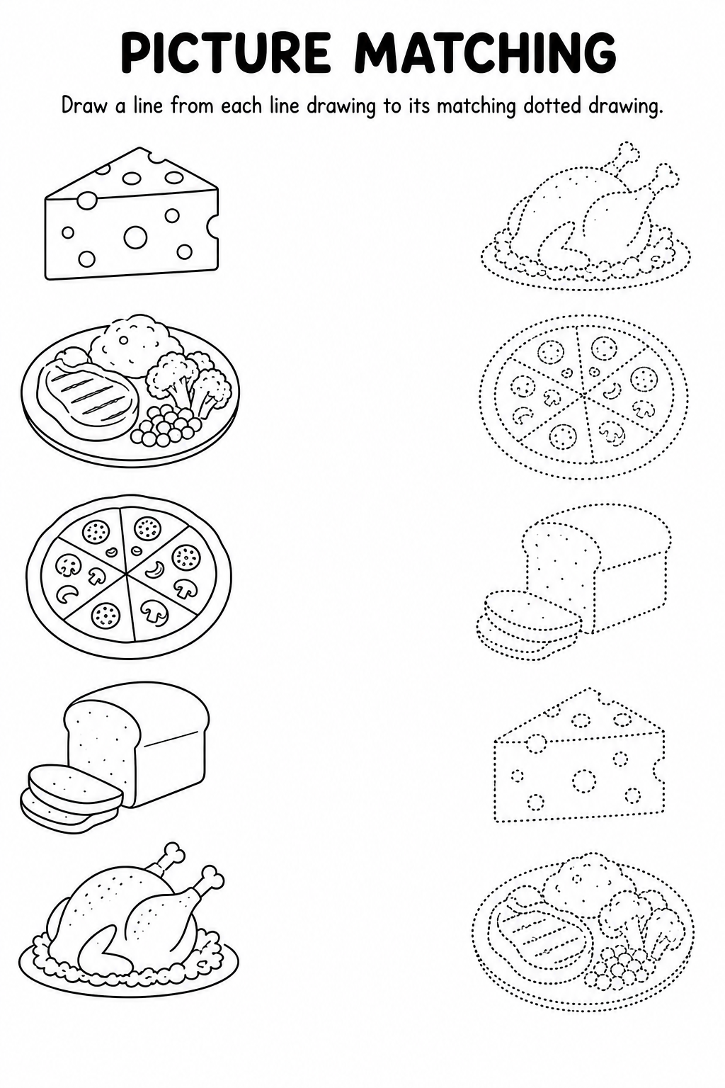 Food line to dotted drawing matching worksheet