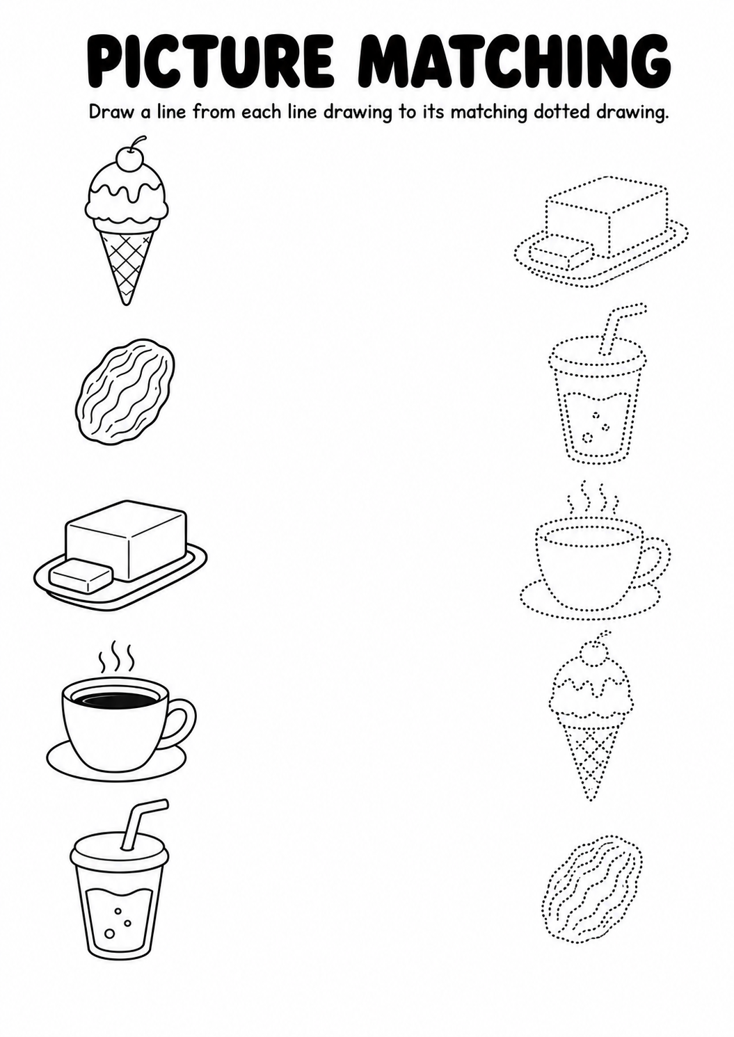 Food and drinks line to dotted drawing matching worksheet