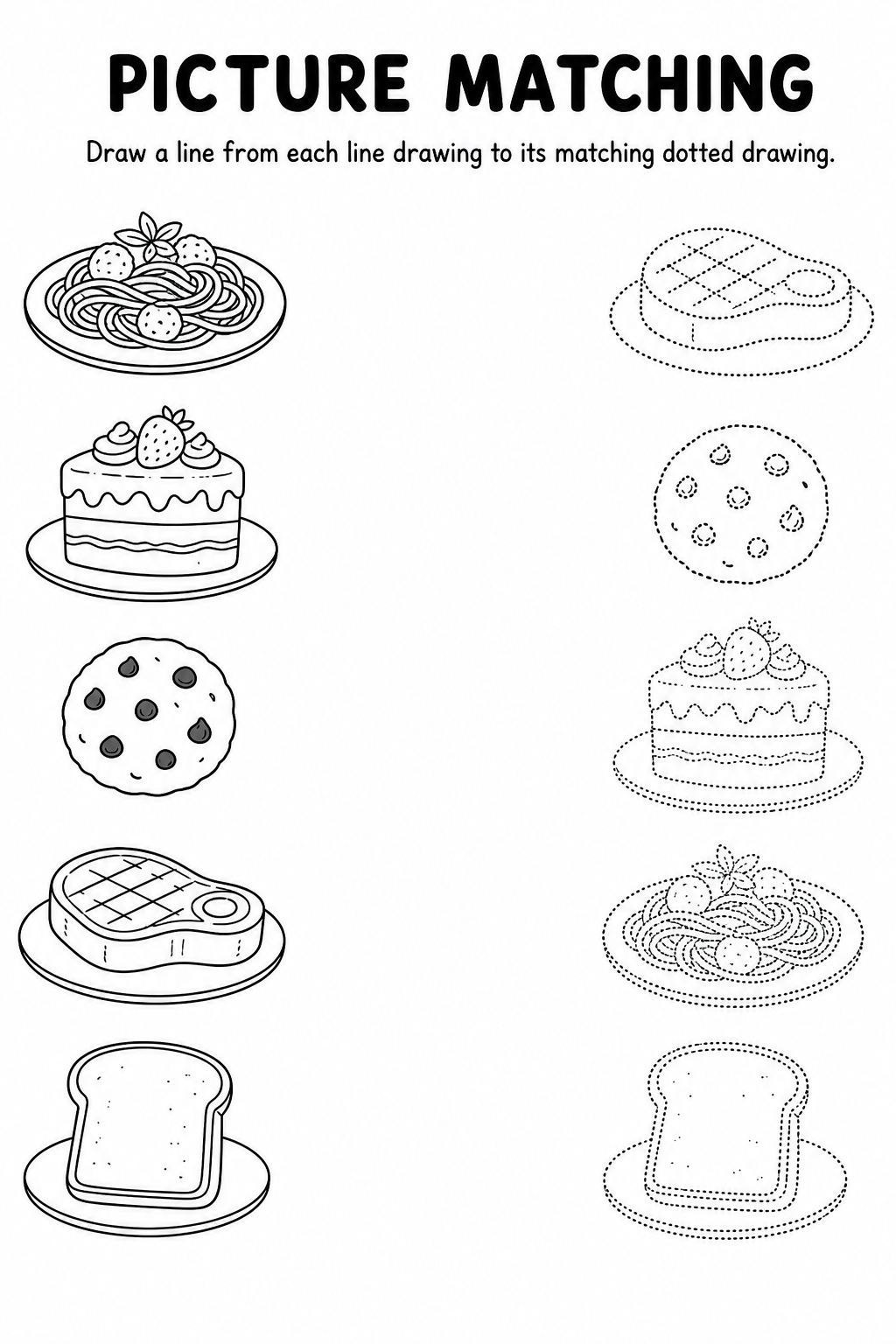 Food line to dotted drawing matching worksheet