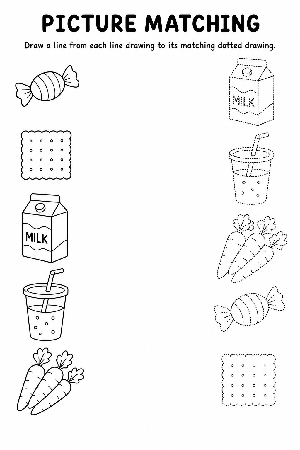 Food and drinks line to dotted drawing matching worksheet