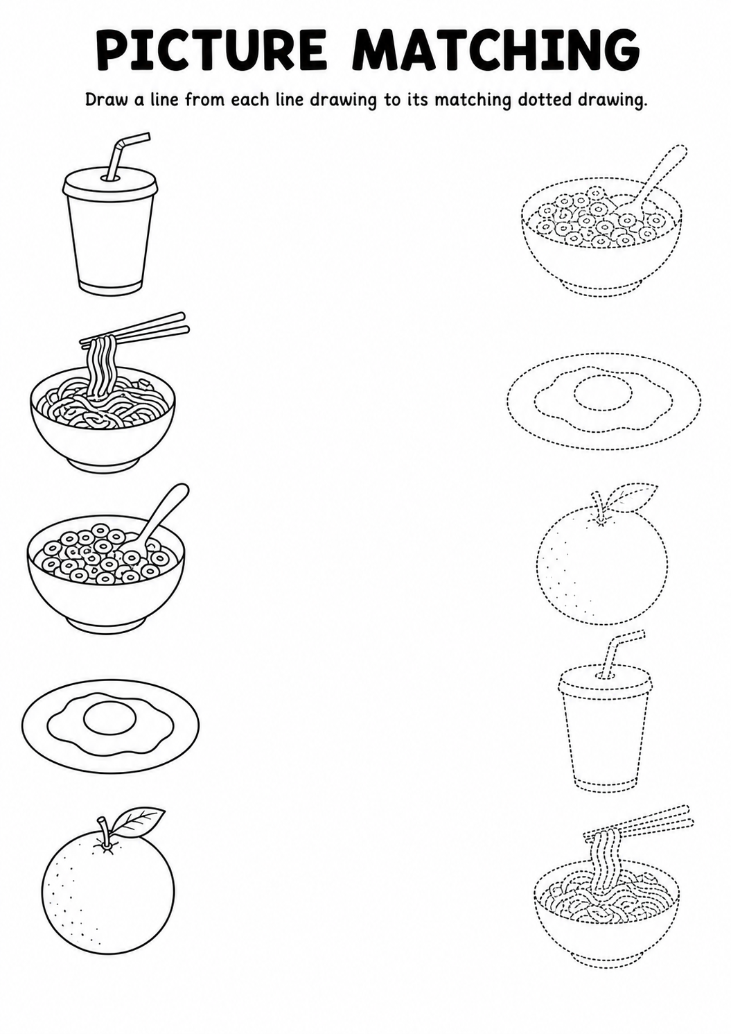 Food and drinks line to dotted drawing matching worksheet