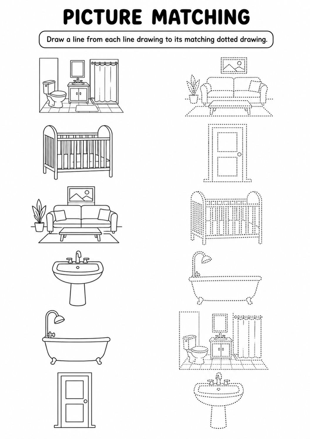 Furniture and rooms line to dotted drawing worksheet