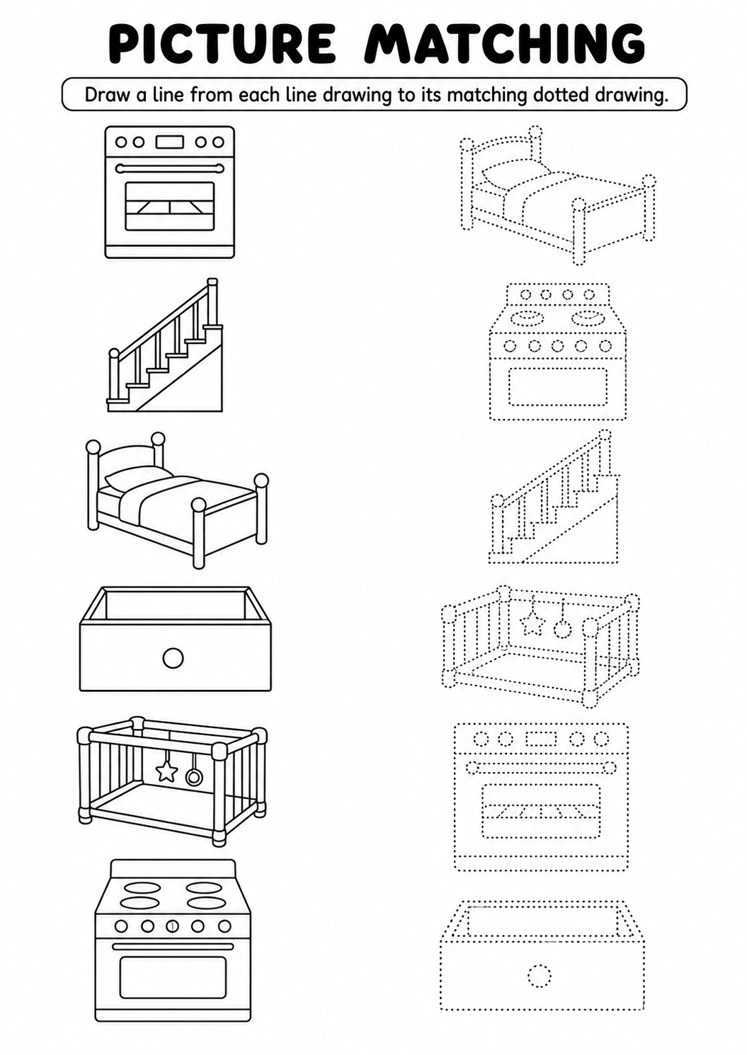 Furniture and rooms line to dotted drawing worksheet
