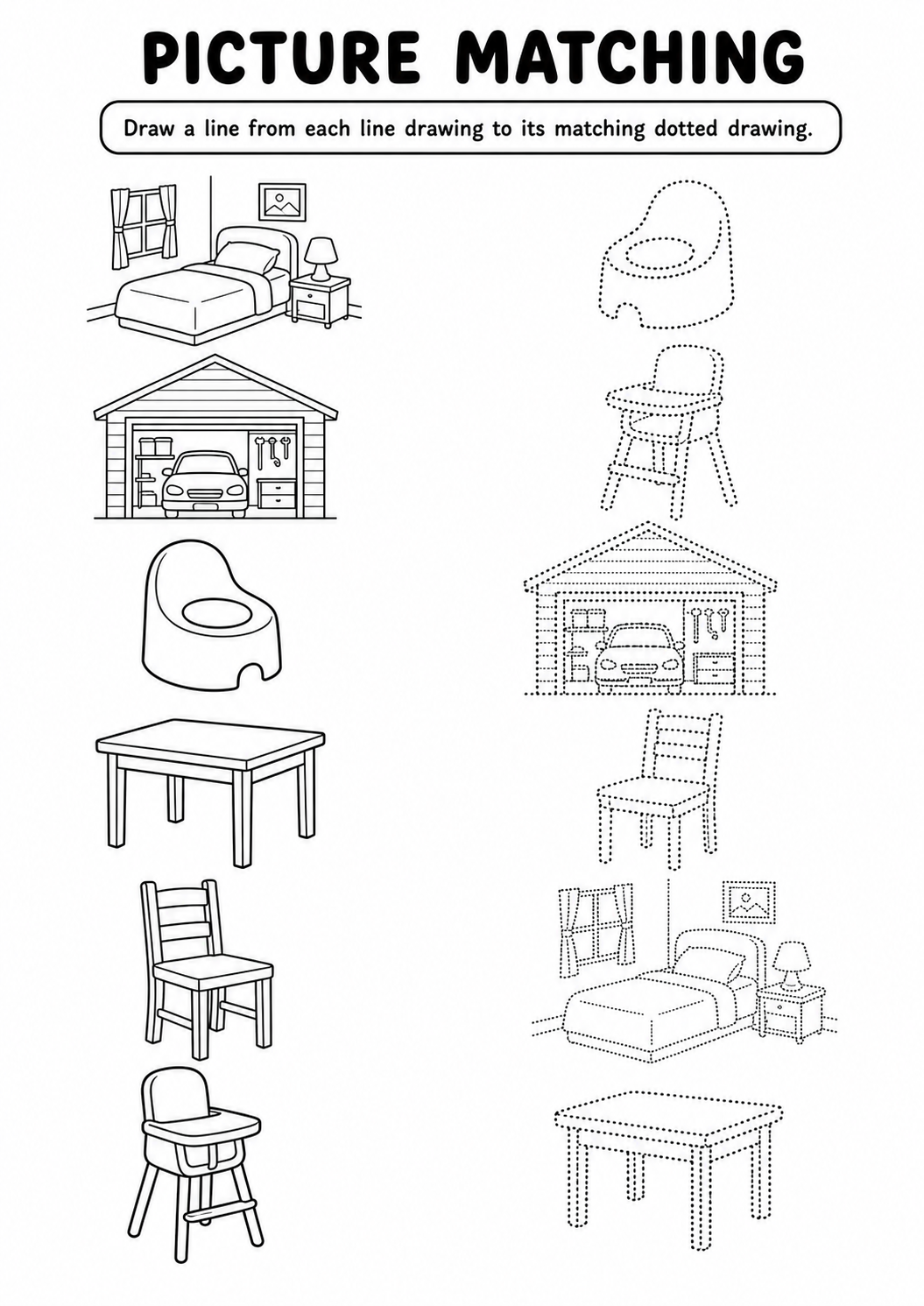 Furniture and rooms line to dotted drawing worksheet