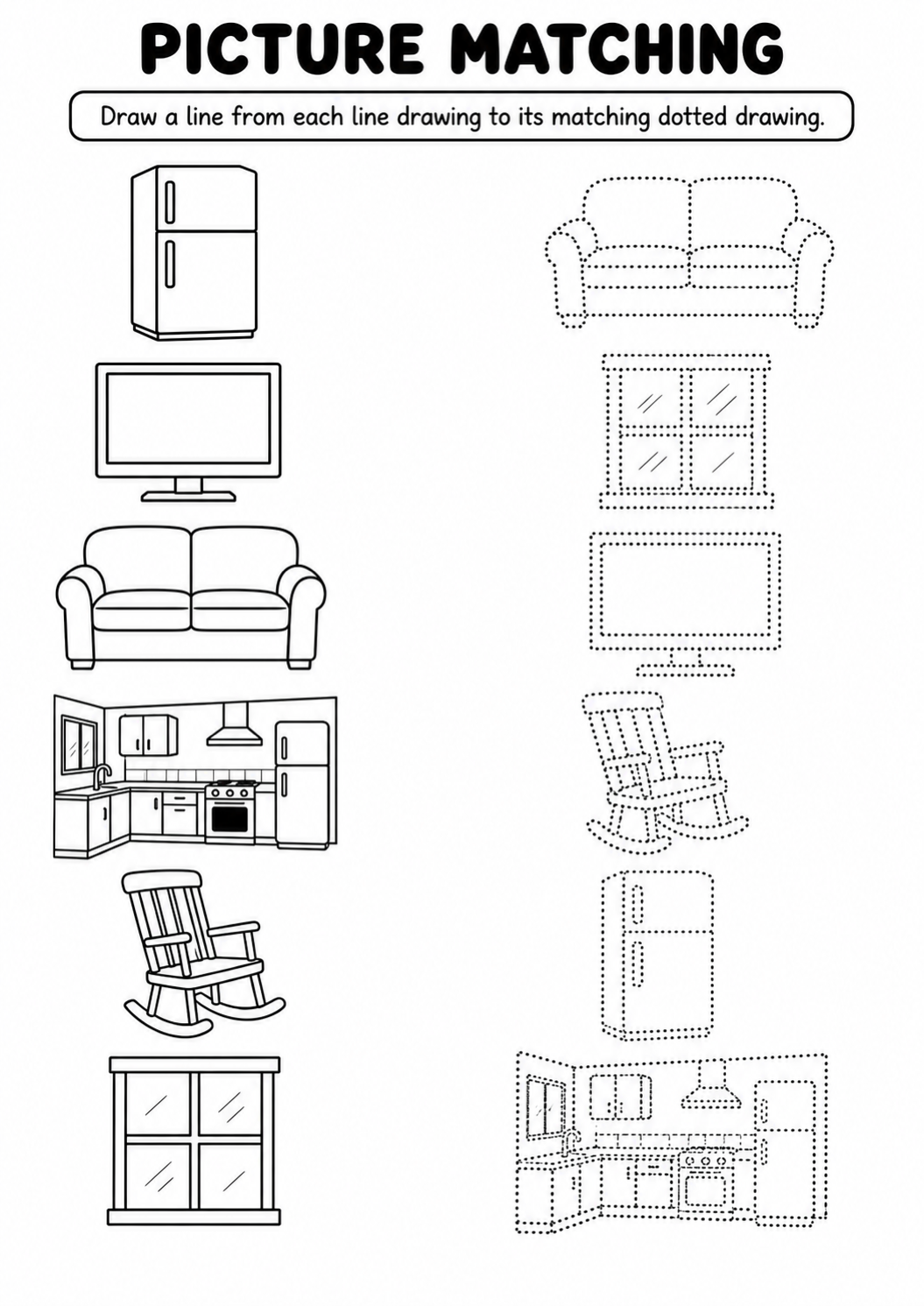 Furniture and rooms line to dotted drawing worksheet