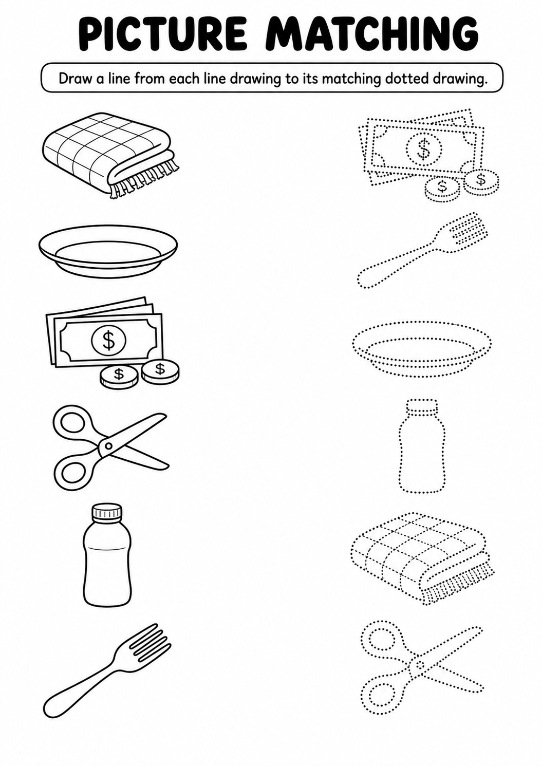 Household items line to dotted drawing worksheet