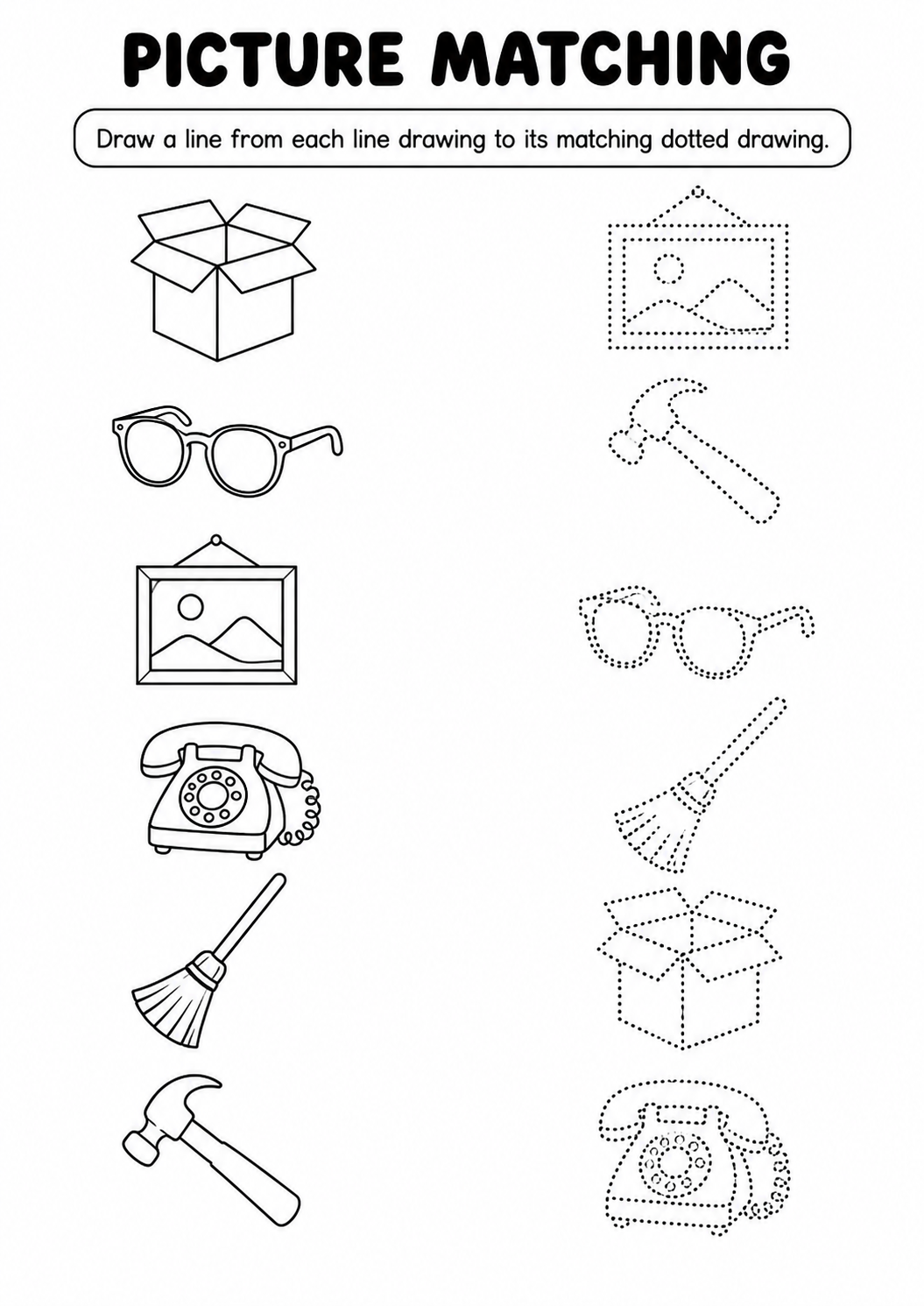 Household items line to dotted drawing worksheet