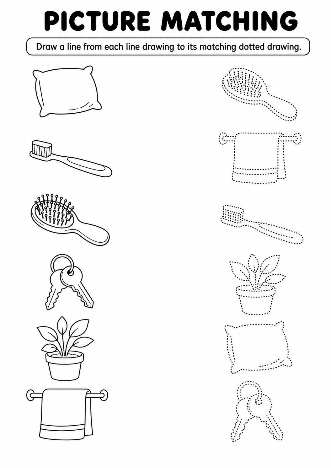 Household items line to dotted drawing worksheet
