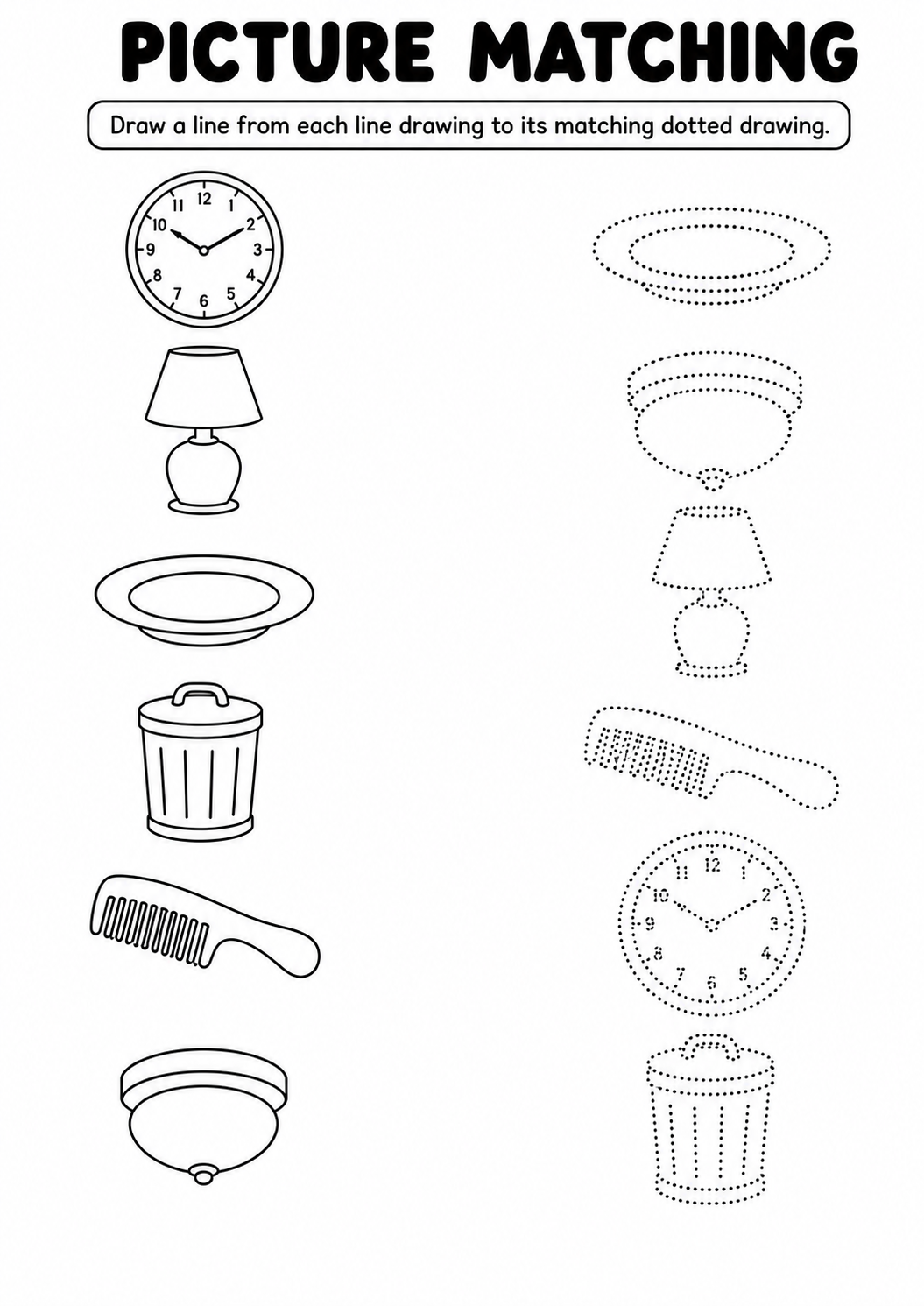 Household items line to dotted drawing worksheet