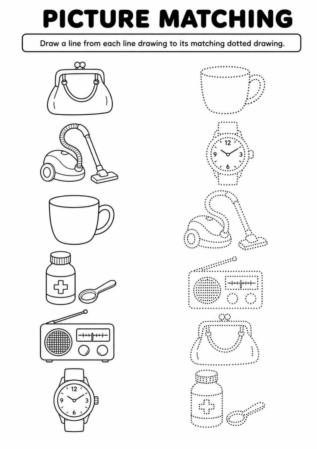 Household items line to dotted drawing worksheet