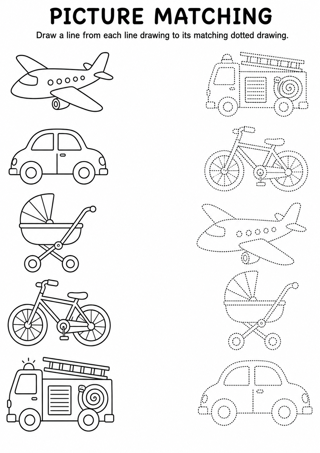Vehicle line drawing to dotted drawing matching worksheet