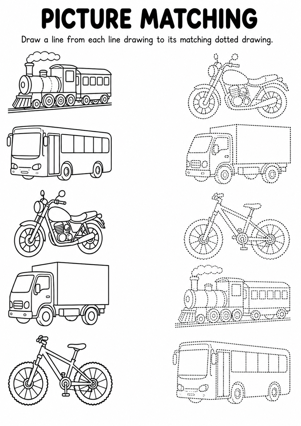 Vehicle line drawing to dotted drawing matching worksheet
